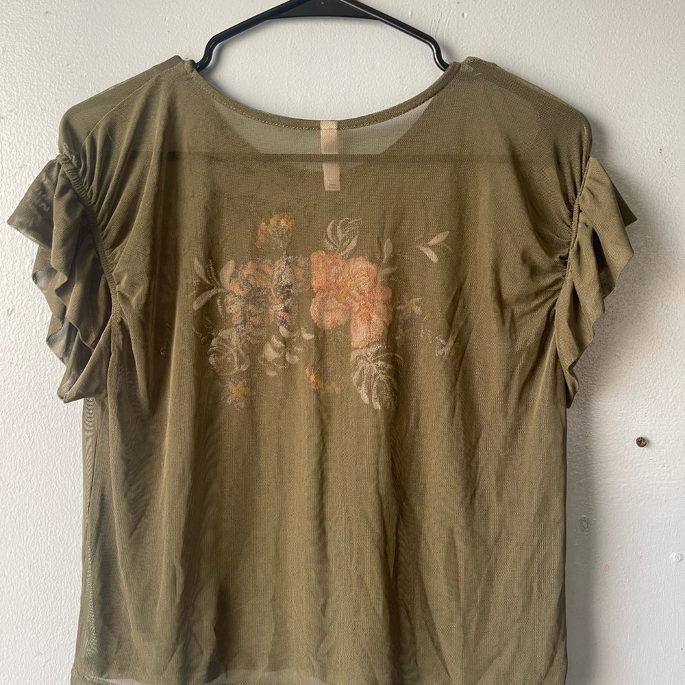 🌸 Xhilaration Olive Green Embroidered Mesh Top | Ruffle Sleeves | XS - Picture 6 of 6
